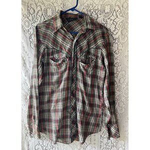 Vintage Border Town Plaid‎ Western Pearl Snap Button Up Shirt Size Medium